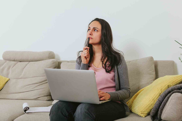 copywriter at work - journalist writing article - doubtful freelance - remote working manager thinking about strategy